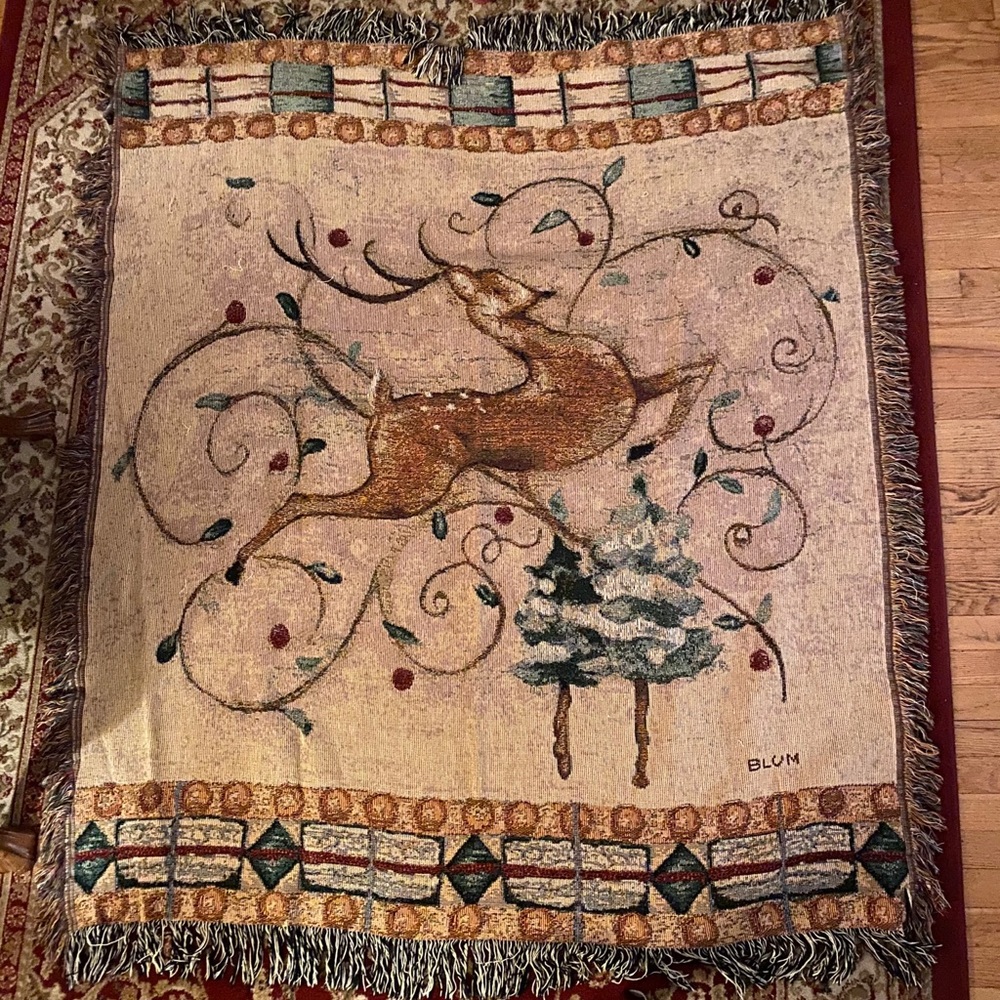 Leaping Deer Christmas Tapestry Afghan Throw